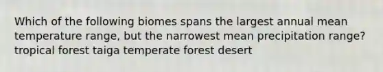 Which of the following biomes spans the largest annual mean temperature range, but the narrowest mean precipitation range? tropical forest taiga temperate forest desert