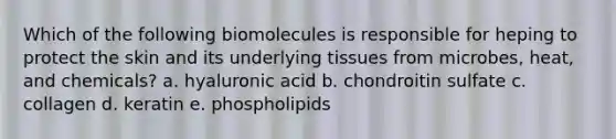 Which of the following biomolecules is responsible for heping to protect the skin and its underlying tissues from microbes, heat, and chemicals? a. hyaluronic acid b. chondroitin sulfate c. collagen d. keratin e. phospholipids