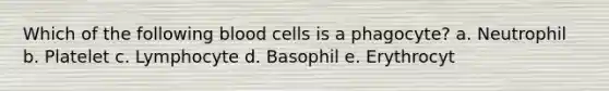 Which of the following blood cells is a phagocyte? a. Neutrophil b. Platelet c. Lymphocyte d. Basophil e. Erythrocyt