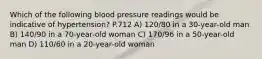 Which of the following blood pressure readings would be indicative of hypertension? P.712 A) 120/80 in a 30-year-old man B) 140/90 in a 70-year-old woman C) 170/96 in a 50-year-old man D) 110/60 in a 20-year-old woman