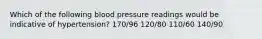 Which of the following blood pressure readings would be indicative of hypertension? 170/96 120/80 110/60 140/90