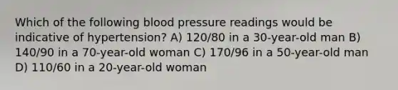 Which of the following blood pressure readings would be indicative of hypertension? A) 120/80 in a 30-year-old man B) 140/90 in a 70-year-old woman C) 170/96 in a 50-year-old man D) 110/60 in a 20-year-old woman