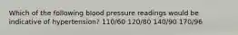 Which of the following blood pressure readings would be indicative of hypertension? 110/60 120/80 140/90 170/96