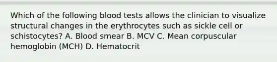 Which of the following blood tests allows the clinician to visualize structural changes in the erythrocytes such as sickle cell or schistocytes? A. Blood smear B. MCV C. Mean corpuscular hemoglobin (MCH) D. Hematocrit