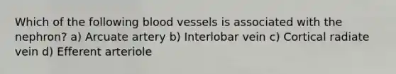 Which of the following blood vessels is associated with the nephron? a) Arcuate artery b) Interlobar vein c) Cortical radiate vein d) Efferent arteriole