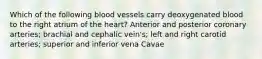 Which of the following blood vessels carry deoxygenated blood to the right atrium of the heart? Anterior and posterior coronary arteries; brachial and cephalic vein's; left and right carotid arteries; superior and inferior vena Cavae