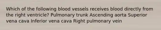 Which of the following blood vessels receives blood directly from the right ventricle? Pulmonary trunk Ascending aorta Superior vena cava Inferior vena cava Right pulmonary vein