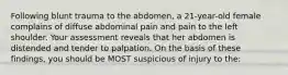 Following blunt trauma to the abdomen, a 21-year-old female complains of diffuse abdominal pain and pain to the left shoulder. Your assessment reveals that her abdomen is distended and tender to palpation. On the basis of these findings, you should be MOST suspicious of injury to the: