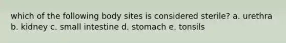 which of the following body sites is considered sterile? a. urethra b. kidney c. small intestine d. stomach e. tonsils