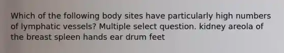 Which of the following body sites have particularly high numbers of lymphatic vessels? Multiple select question. kidney areola of the breast spleen hands ear drum feet