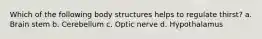 Which of the following body structures helps to regulate thirst? a. Brain stem b. Cerebellum c. Optic nerve d. Hypothalamus