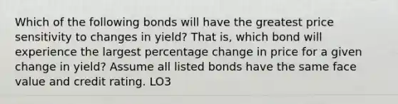 Which of the following bonds will have the greatest price sensitivity to changes in yield? That is, which bond will experience the largest percentage change in price for a given change in yield? Assume all listed bonds have the same face value and credit rating. LO3