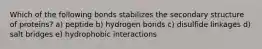 Which of the following bonds stabilizes the secondary structure of proteins? a) peptide b) hydrogen bonds c) disulfide linkages d) salt bridges e) hydrophobic interactions