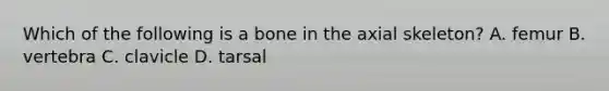 Which of the following is a bone in the axial skeleton? A. femur B. vertebra C. clavicle D. tarsal