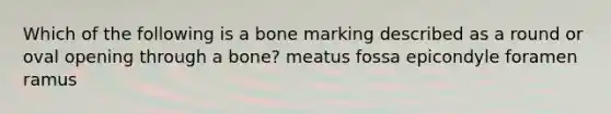 Which of the following is a bone marking described as a round or oval opening through a bone? meatus fossa epicondyle foramen ramus