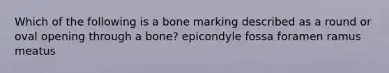 Which of the following is a bone marking described as a round or oval opening through a bone? epicondyle fossa foramen ramus meatus