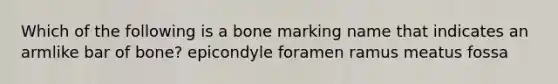 Which of the following is a bone marking name that indicates an armlike bar of bone? epicondyle foramen ramus meatus fossa