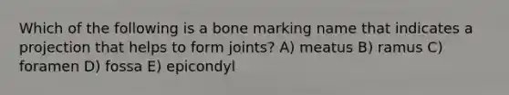 Which of the following is a bone marking name that indicates a projection that helps to form joints? A) meatus B) ramus C) foramen D) fossa E) epicondyl