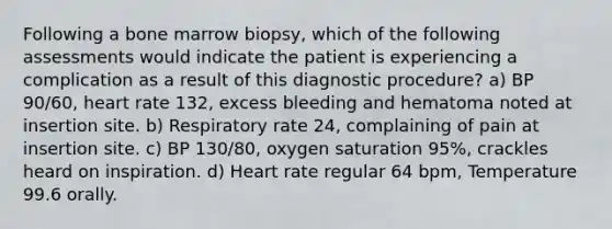 Following a bone marrow biopsy, which of the following assessments would indicate the patient is experiencing a complication as a result of this diagnostic procedure? a) BP 90/60, heart rate 132, excess bleeding and hematoma noted at insertion site. b) Respiratory rate 24, complaining of pain at insertion site. c) BP 130/80, oxygen saturation 95%, crackles heard on inspiration. d) Heart rate regular 64 bpm, Temperature 99.6 orally.