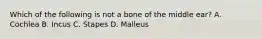 Which of the following is not a bone of the middle​ ear? A. Cochlea B. Incus C. Stapes D. Malleus