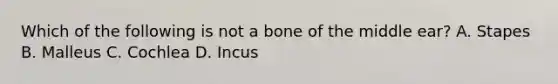 Which of the following is not a bone of the middle​ ear? A. Stapes B. Malleus C. Cochlea D. Incus