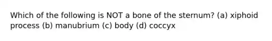 Which of the following is NOT a bone of the sternum? (a) xiphoid process (b) manubrium (c) body (d) coccyx