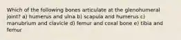 Which of the following bones articulate at the glenohumeral joint? a) humerus and ulna b) scapula and humerus c) manubrium and clavicle d) femur and coxal bone e) tibia and femur