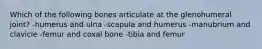 Which of the following bones articulate at the glenohumeral joint? -humerus and ulna -scapula and humerus -manubrium and clavicle -femur and coxal bone -tibia and femur