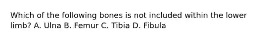 Which of the following bones is not included within the <a href='https://www.questionai.com/knowledge/kF4ILRdZqC-lower-limb' class='anchor-knowledge'>lower limb</a>? A. Ulna B. Femur C. Tibia D. Fibula