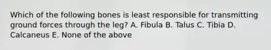 Which of the following bones is least responsible for transmitting ground forces through the leg? A. Fibula B. Talus C. Tibia D. Calcaneus E. None of the above