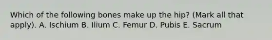 Which of the following bones make up the hip? (Mark all that apply). A. Ischium B. Ilium C. Femur D. Pubis E. Sacrum