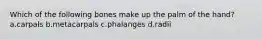 Which of the following bones make up the palm of the hand? a.carpals b.metacarpals c.phalanges d.radii