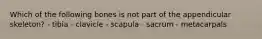 Which of the following bones is not part of the appendicular skeleton? - tibia - clavicle - scapula - sacrum - metacarpals
