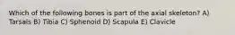 Which of the following bones is part of the axial skeleton? A) Tarsals B) Tibia C) Sphenoid D) Scapula E) Clavicle