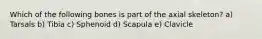 Which of the following bones is part of the axial skeleton? a) Tarsals b) Tibia c) Sphenoid d) Scapula e) Clavicle