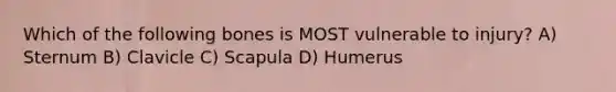 Which of the following bones is MOST vulnerable to injury? A) Sternum B) Clavicle C) Scapula D) Humerus