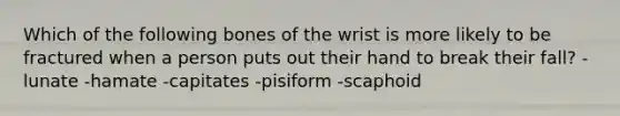 Which of the following bones of the wrist is more likely to be fractured when a person puts out their hand to break their fall? -lunate -hamate -capitates -pisiform -scaphoid