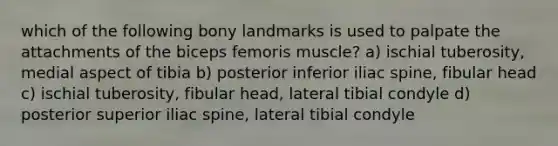 which of the following bony landmarks is used to palpate the attachments of the biceps femoris muscle? a) ischial tuberosity, medial aspect of tibia b) posterior inferior iliac spine, fibular head c) ischial tuberosity, fibular head, lateral tibial condyle d) posterior superior iliac spine, lateral tibial condyle