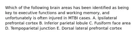 Which of the following brain areas has been identified as being key to executive functions and working memory, and unfortunately is often injured in MTBI cases. A. Ipsilateral prefrontal cortex B. Inferior parietal lobule C. Fusiform face area D. Tempoparietal junction E. Dorsal lateral prefrontal cortex