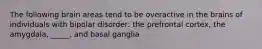 The following brain areas tend to be overactive in the brains of individuals with bipolar disorder: the prefrontal cortex, the amygdala, _____, and basal ganglia