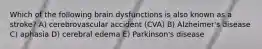 Which of the following brain dysfunctions is also known as a stroke? A) cerebrovascular accident (CVA) B) Alzheimer's disease C) aphasia D) cerebral edema E) Parkinson's disease