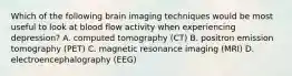 Which of the following brain imaging techniques would be most useful to look at blood flow activity when experiencing depression? A. computed tomography (CT) B. positron emission tomography (PET) C. magnetic resonance imaging (MRI) D. electroencephalography (EEG)