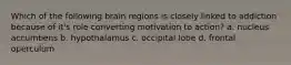 Which of the following brain regions is closely linked to addiction because of it's role converting motivation to action? a. nucleus accumbens b. hypothalamus c. occipital lobe d. frontal operculum