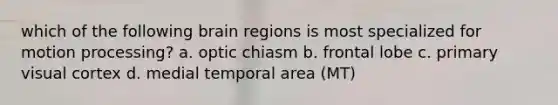 which of the following brain regions is most specialized for motion processing? a. optic chiasm b. frontal lobe c. primary visual cortex d. medial temporal area (MT)