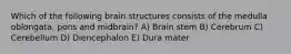 Which of the following brain structures consists of the medulla oblongata, pons and midbrain? A) Brain stem B) Cerebrum C) Cerebellum D) Diencephalon E) Dura mater