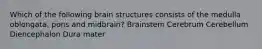 Which of the following brain structures consists of the medulla oblongata, pons and midbrain? Brainstem Cerebrum Cerebellum Diencephalon Dura mater