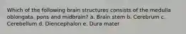 Which of the following brain structures consists of the medulla oblongata, pons and midbrain? a. Brain stem b. Cerebrum c. Cerebellum d. Diencephalon e. Dura mater