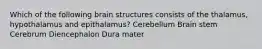 Which of the following brain structures consists of the thalamus, hypothalamus and epithalamus? Cerebellum Brain stem Cerebrum Diencephalon Dura mater