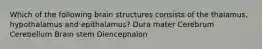 Which of the following brain structures consists of the thalamus, hypothalamus and epithalamus? Dura mater Cerebrum Cerebellum Brain stem Diencephalon