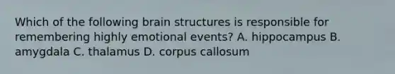 Which of the following brain structures is responsible for remembering highly emotional events? A. hippocampus B. amygdala C. thalamus D. corpus callosum